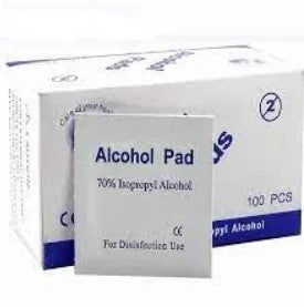 A box of alcohol swabs labeled 70% Isopropyl Alcohol, For Disinfection Use with 100 pieces per box.